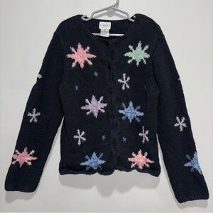 Talbots Kids Y2K Black Knit Vibrant Pastel Snowflake Button Up Cardigan Size 10